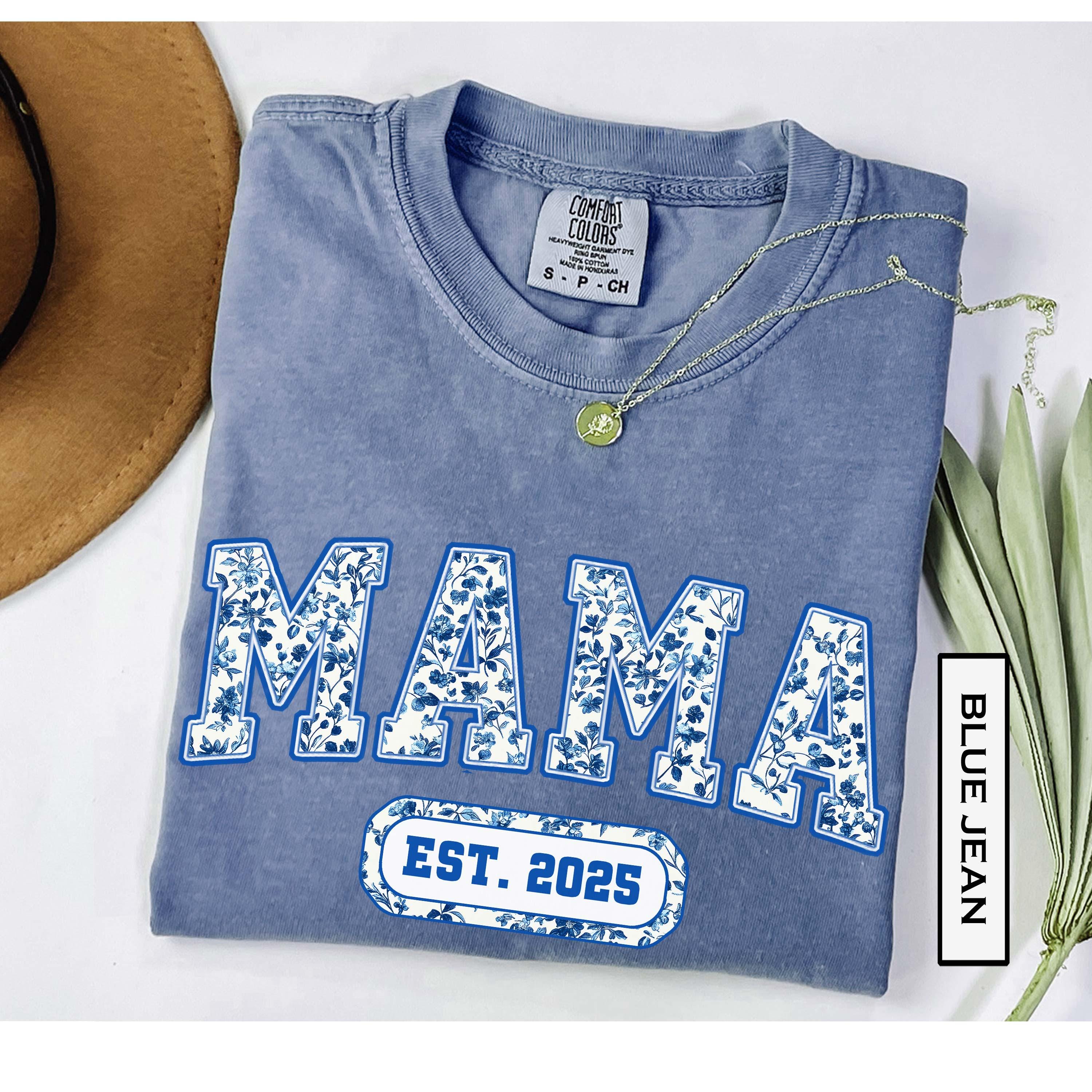 custom mama shirt in coquette blue toile established year design for new moms perfect for mothers day gifts pbykt