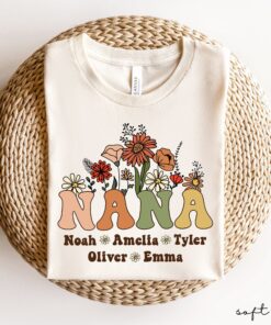 custom nana t shirt with grandkids names personalized mothers day tee wildflowers design for nana gifts pkkdq