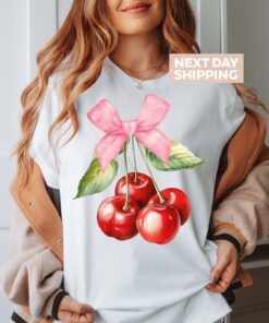 cute cherry bow t shirt with pink ribbon aesthetic sweet cherry tee for women unique cute gift for her h1o5d