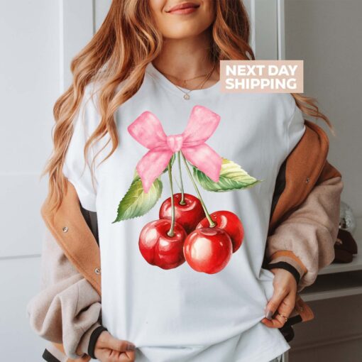 cute cherry bow t shirt with pink ribbon aesthetic sweet cherry tee for women unique cute gift for her h1o5d