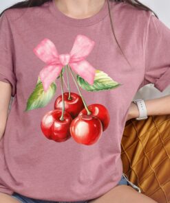 cute cherry bow t shirt with pink ribbon aesthetic sweet cherry tee for women unique cute gift for her hc391