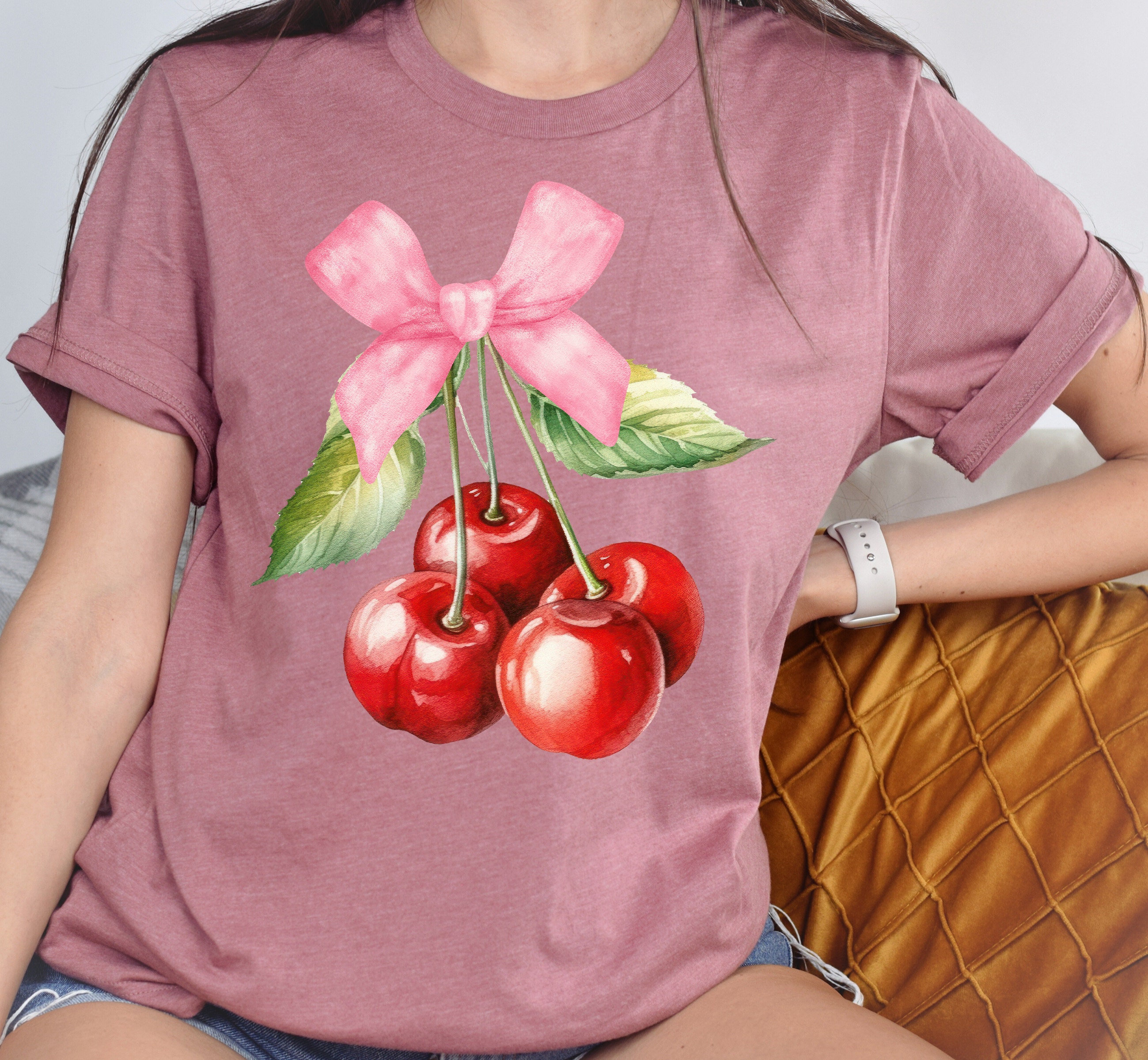 cute cherry bow t shirt with pink ribbon aesthetic sweet cherry tee for women unique cute gift for her hc391 scaled