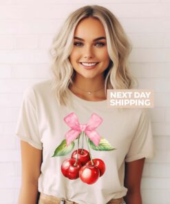 cute cherry bow t shirt with pink ribbon aesthetic sweet cherry tee for women unique cute gift for her jta02