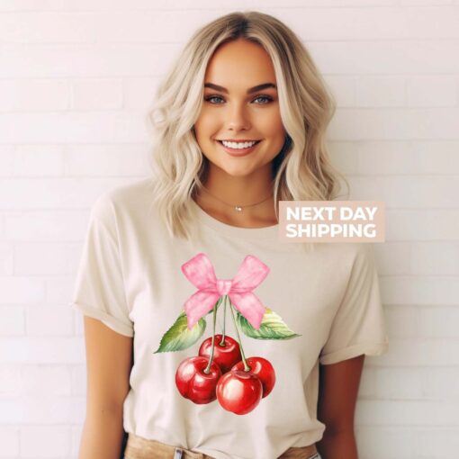 cute cherry bow t shirt with pink ribbon aesthetic sweet cherry tee for women unique cute gift for her jta02