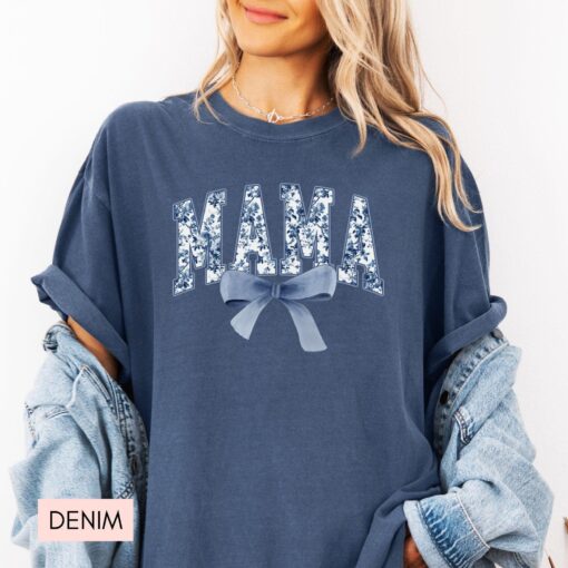 cute mama shirt with blue bow for mothers day birthday gift new mom baby shower gift vintage mom life t shirt pe20q