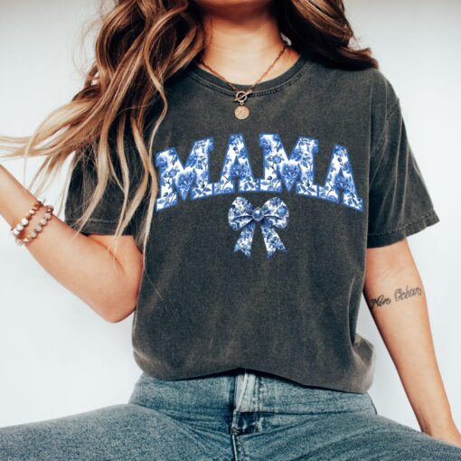 cute mom blue bow t shirt in comfort colors chinoiserie style for mothers day personalized gift and unique mom life shirt c3y1j