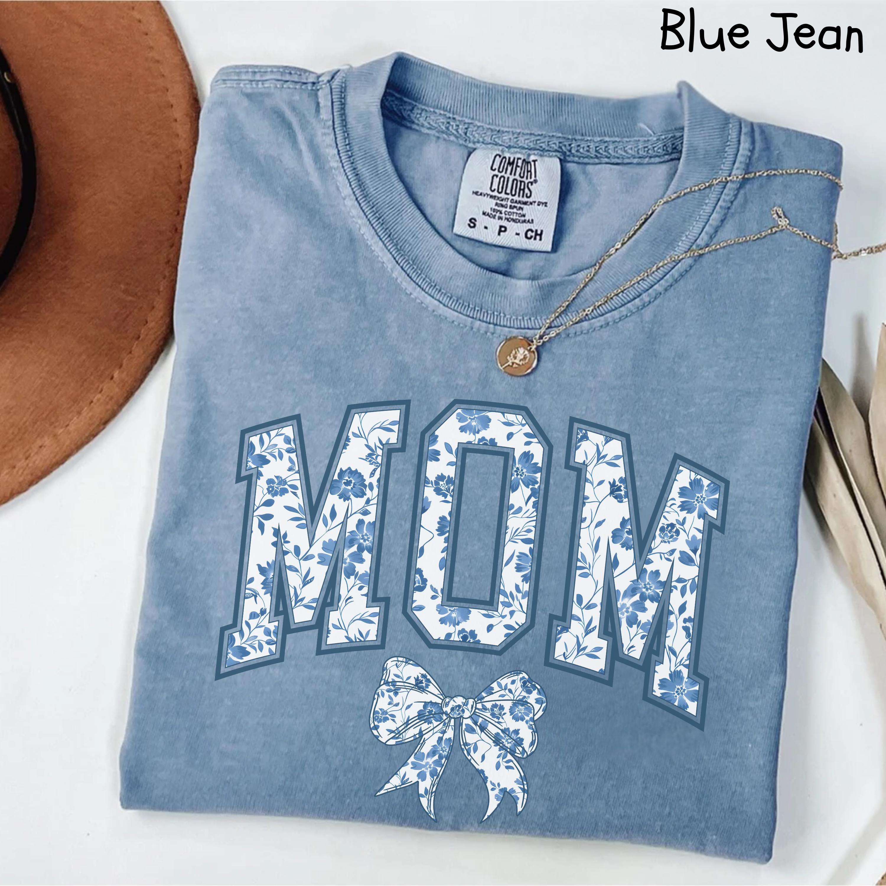 cute mom shirt in blue ribbon design for mothers day personalized gift with chinoiserie bow style