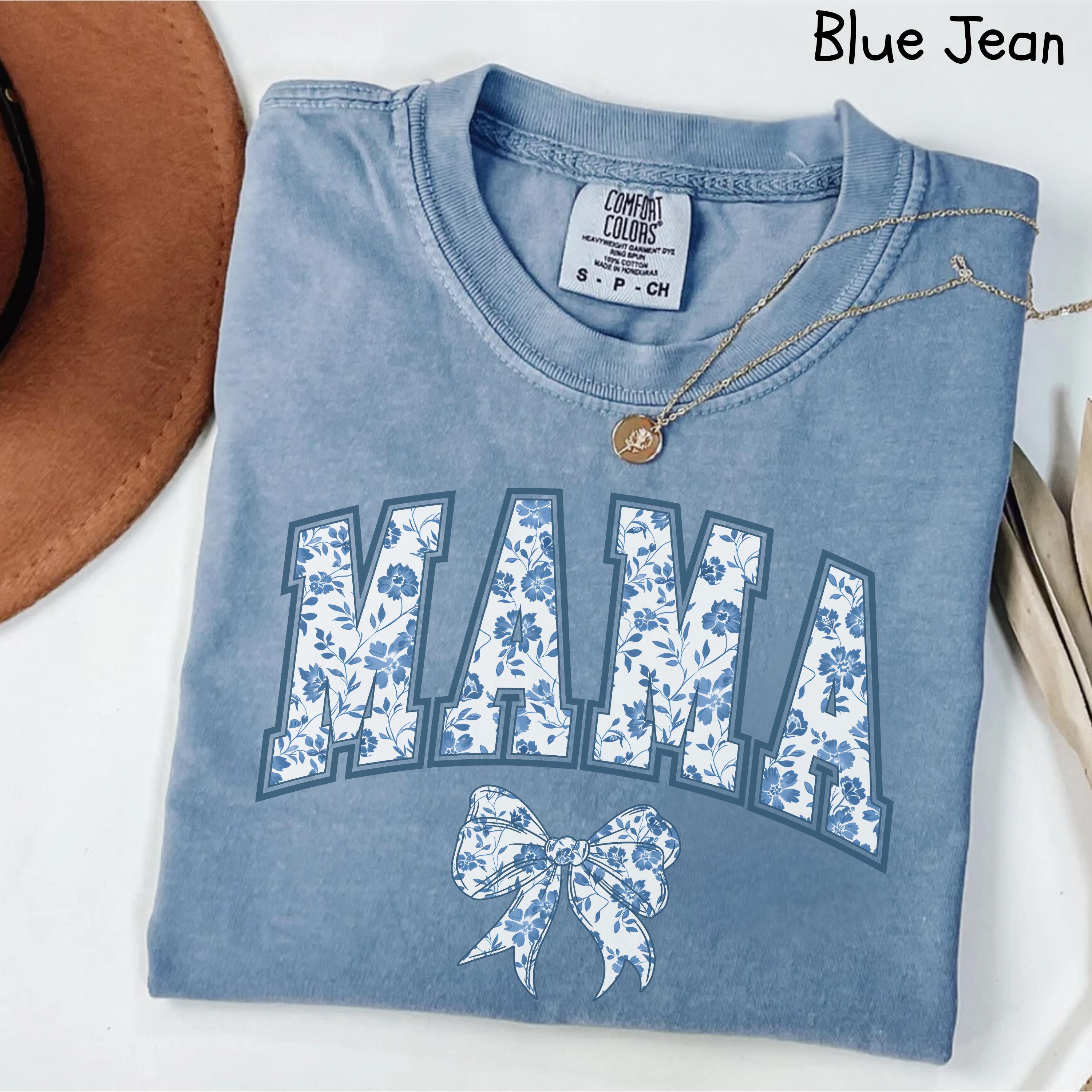 cute mom shirt with bow design in blue ribbon for mothers day gift and girly aesthetic style