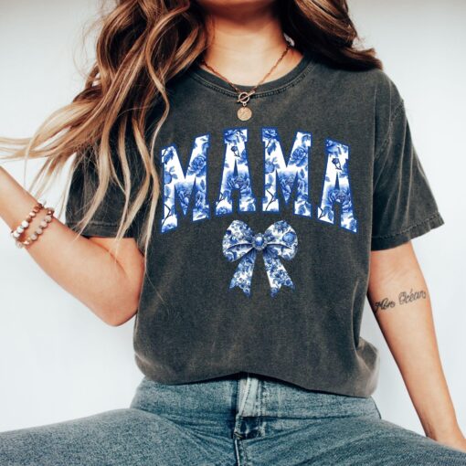 cute mom t shirt with blue bow design comfort colors tee for mothers day gift chinoiserie style shirt