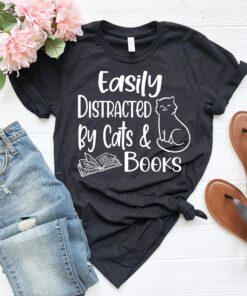 easily distracted by cats and books shirt for book lovers funny reading t shirt kitten lover apparel i2pmj