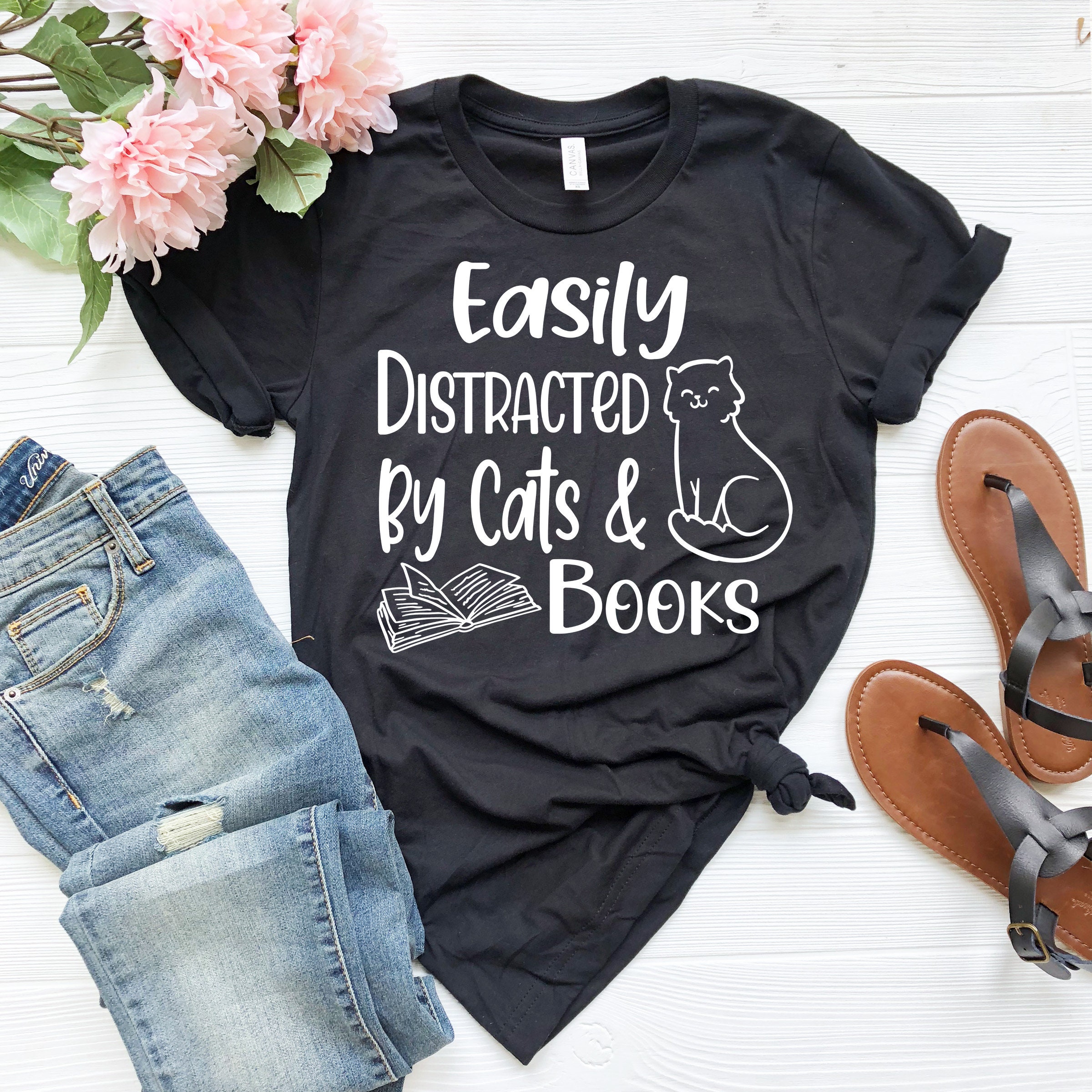 easily distracted by cats and books shirt for book lovers funny reading t shirt kitten lover apparel i2pmj