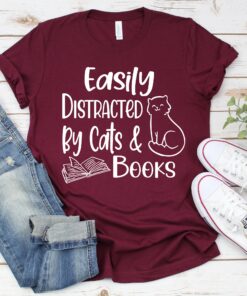 easily distracted by cats and books shirt for book lovers funny reading t shirt kitten lover apparel rgry0