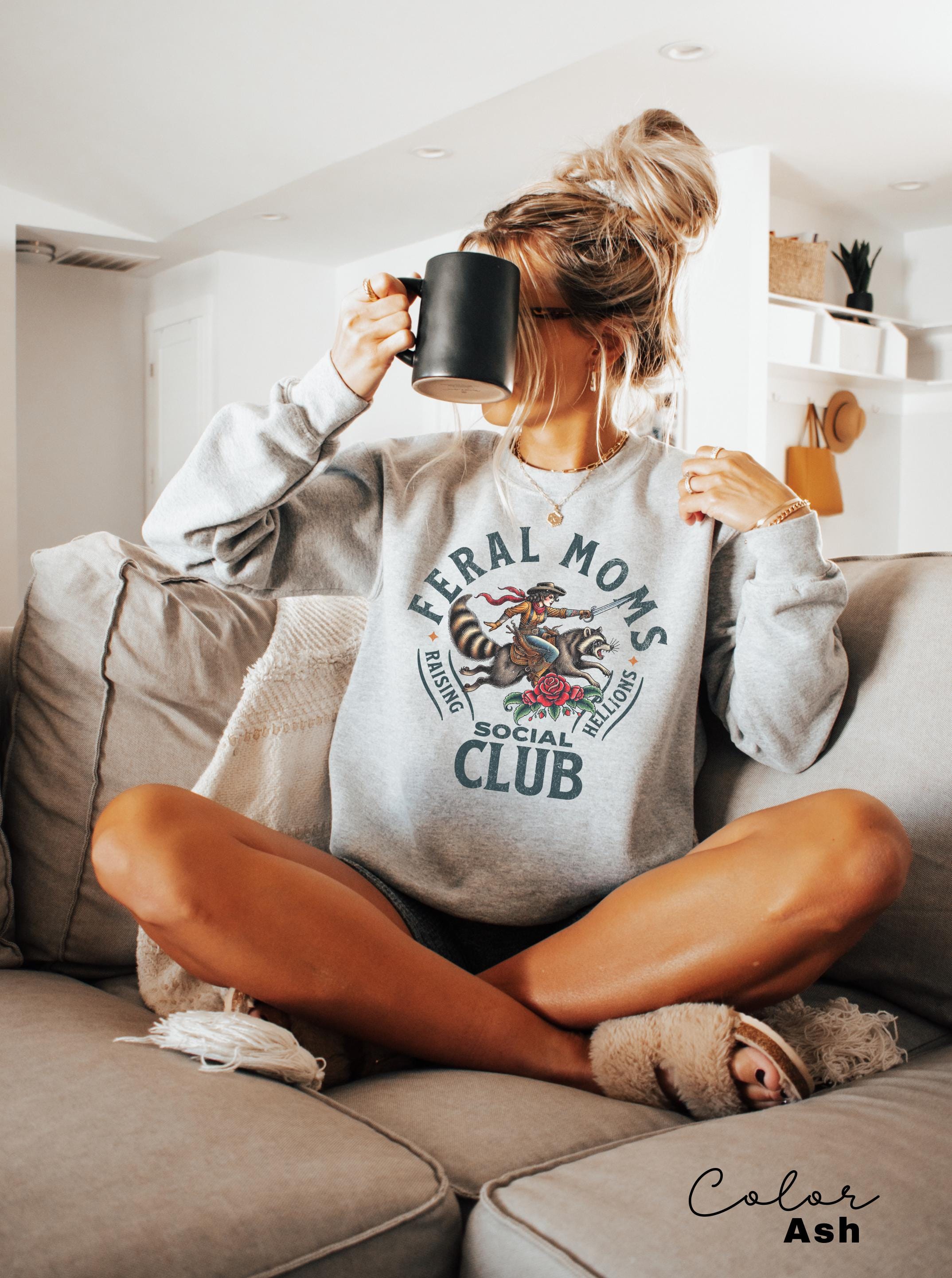 feral mom life sweatshirt with raccoon design trendy crewneck for moms in social club apparel 5b9rv scaled