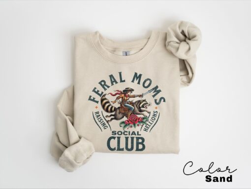 feral mom life sweatshirt with raccoon design trendy crewneck for moms in social club apparel vvylk