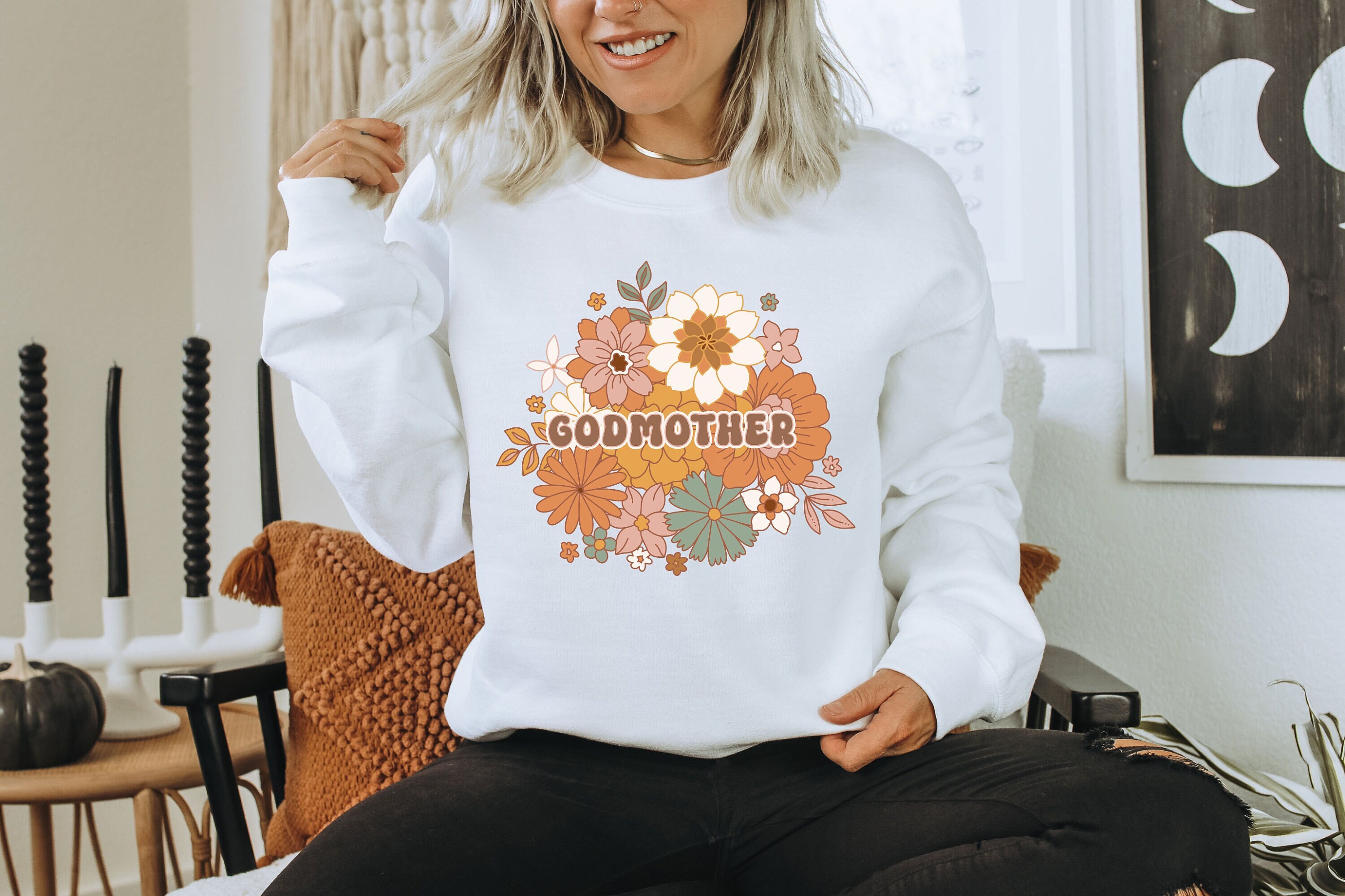 floral godmother sweatshirt for baby announcement unique gift from godson or goddaughter cute god mom sweater 27gv2 scaled