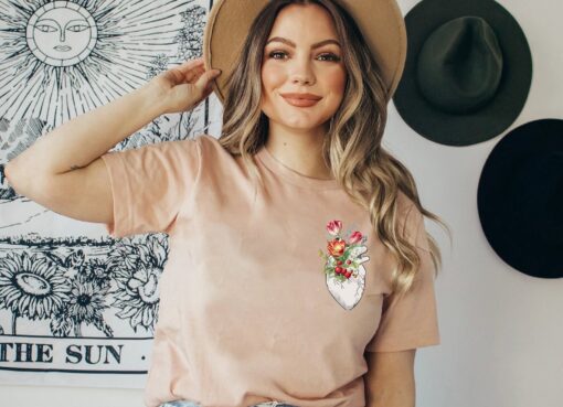 floral heart t shirt for women pocket design cute flower heart tee unique floral ladies shirt higcl