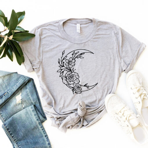 floral moon shirt with half moon design boho art tee for mystical style lovers and nature enthusiasts crlfh