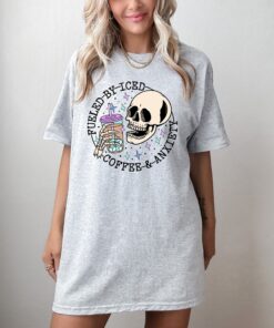 fueled by iced coffee and anxiety shirt for moms funny skull sweatshirt mental health awareness apparel for coffee lovers k4vxl