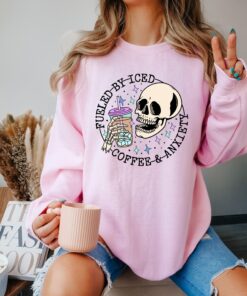 fueled by iced coffee and anxiety shirt for moms funny skull sweatshirt mental health awareness apparel for coffee lovers rq0nc