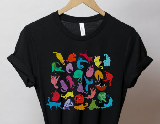 funny cat yoga shirt for yoga lovers with rainbow cat design and animal yoga poses namaste tee pmqrg scaled
