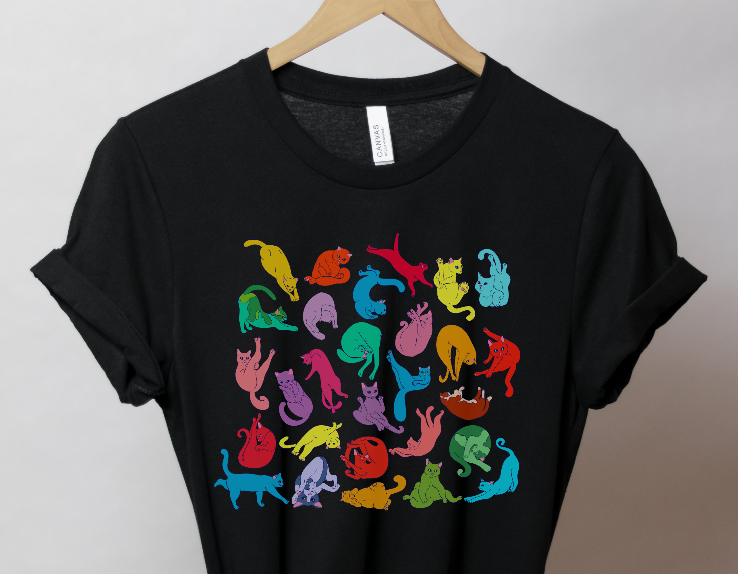 funny cat yoga shirt for yoga lovers with rainbow cat design and animal yoga poses namaste tee pmqrg scaled