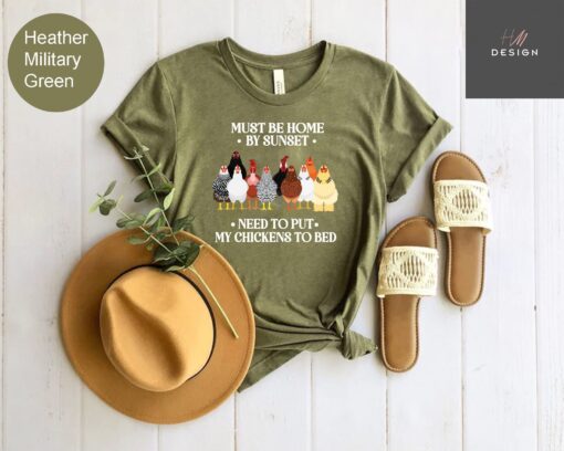 funny chicken shirt must be home by sunset to put chickens to bed chicken lover tee for farming gifts pis8t