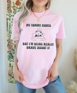 funny meme shirt my tummy hurts but im being brave vintage cartoon bear unisex graphic tee for mom life and humor qxwwm scaled