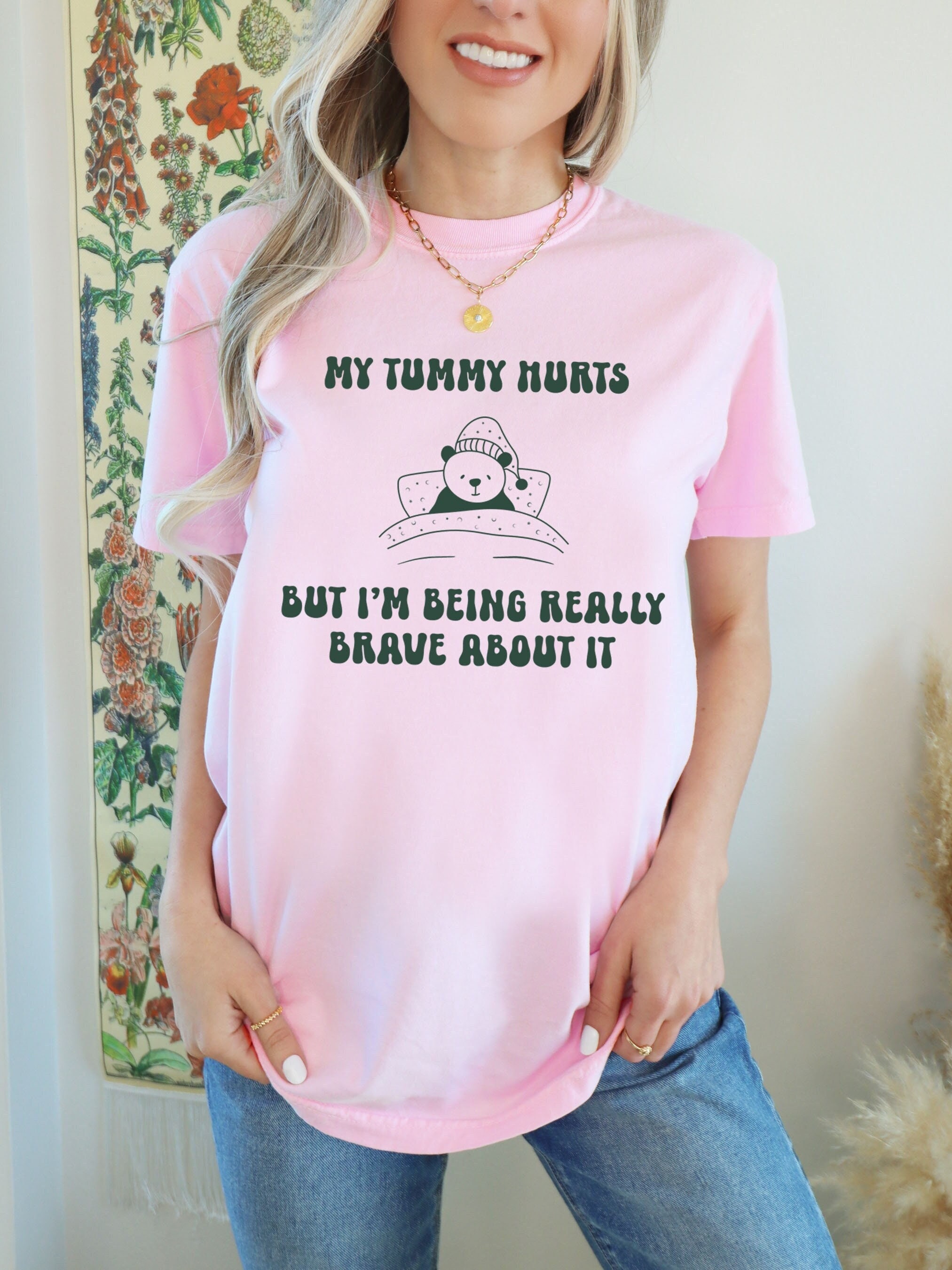 funny meme shirt my tummy hurts but im being brave vintage cartoon bear unisex graphic tee for mom life and humor qxwwm scaled