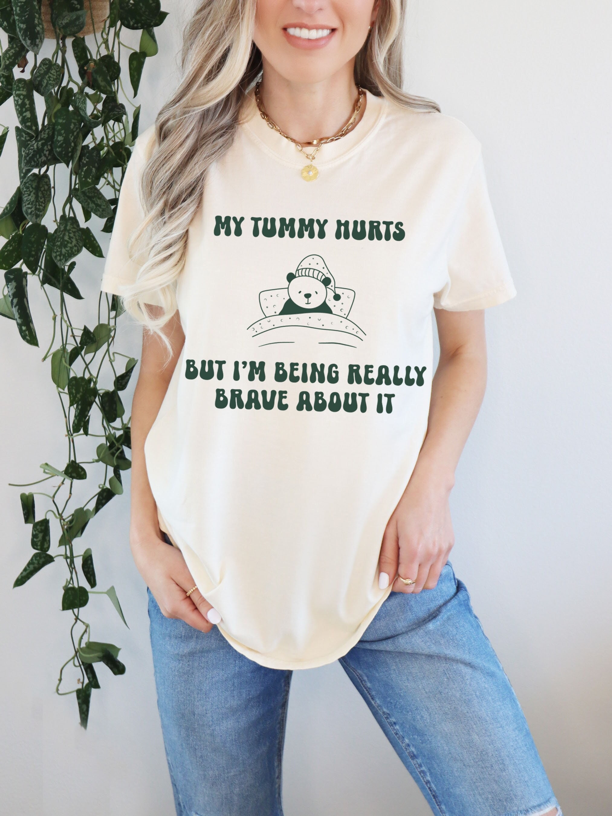 funny meme shirt my tummy hurts but im being brave vintage cartoon bear unisex graphic tee for mom life and humor rzpcb scaled