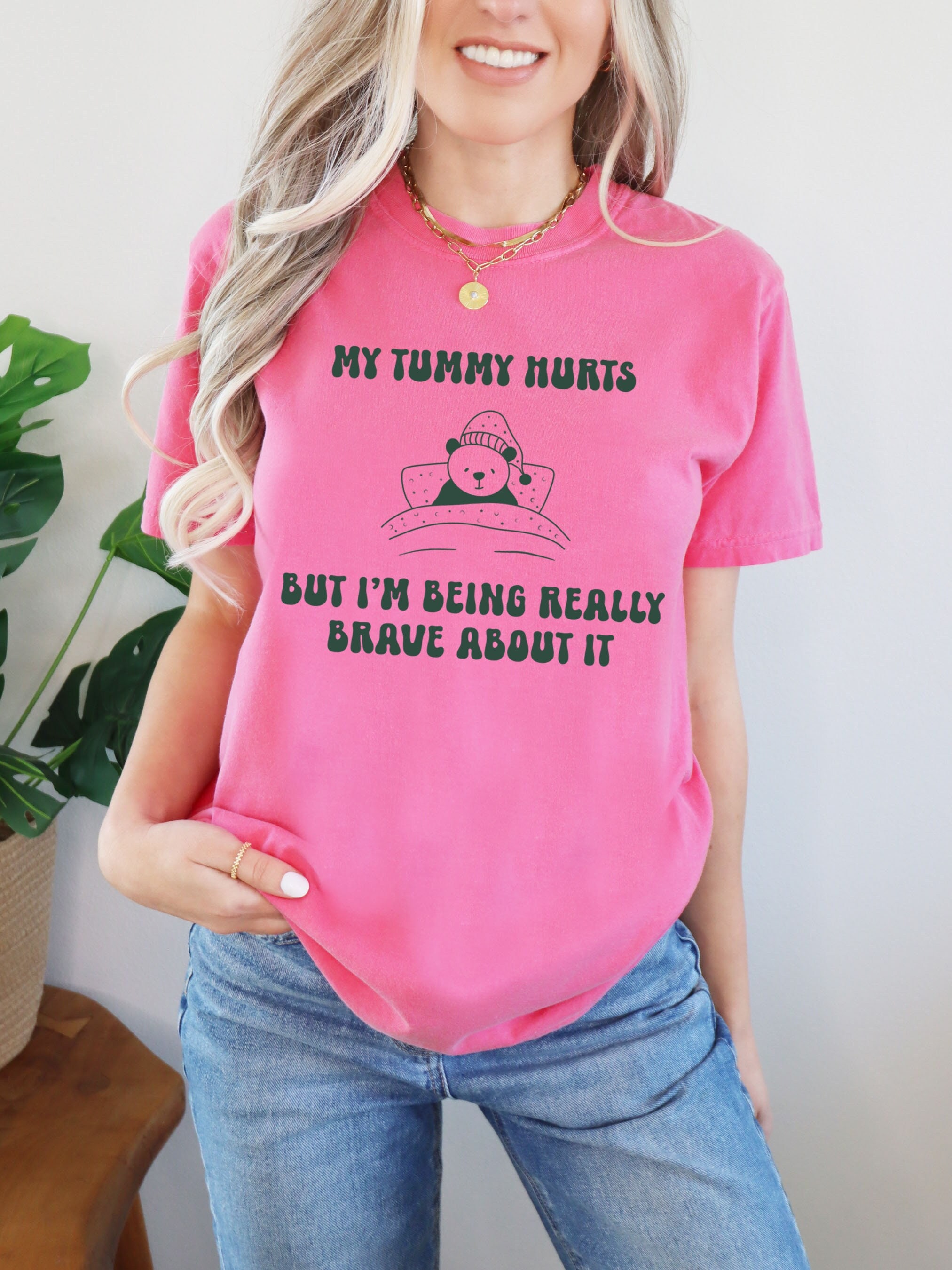 funny meme shirt my tummy hurts but im being brave vintage cartoon bear unisex graphic tee for mom life and humor wuy2j scaled