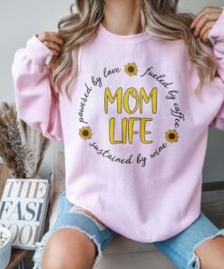 funny mom life sweatshirt powered by love coffee and wine perfect for mothers day gifts or cute mom t shirts runhp