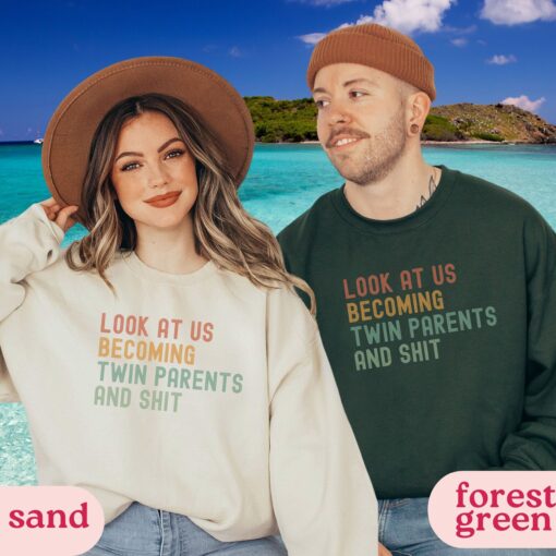 funny twin announcement sweatshirts for mom and dad matching crewneck gifts for new twin parents srmyf scaled
