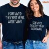 Funny Twin Mom Shirt I Survived First Year with Twins Matching Family T-Shirts Twin Mama Tee for Birthday Celebrations