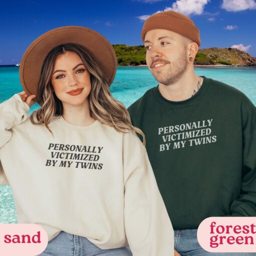 funny twin parents sweatshirts for mom and dad personally victimized by my twins crewneck unique gift for twin families tgulv scaled