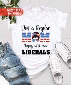 just a regular mom trying not to raise liberals shirt with american flag design for mom life and funny mom shirts lmrqu