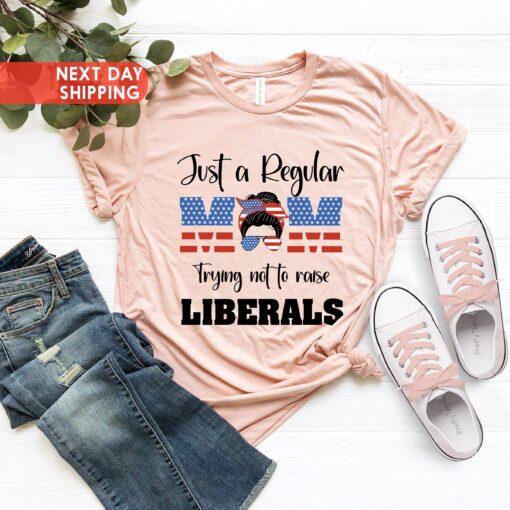 just a regular mom trying not to raise liberals shirt with american flag design for mom life and funny mom shirts ngahb