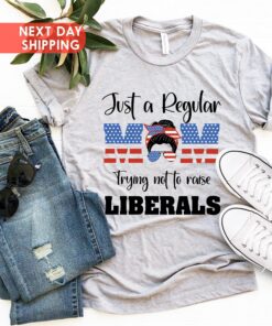 just a regular mom trying not to raise liberals shirt with american flag design for mom life and funny mom shirts ozkdq