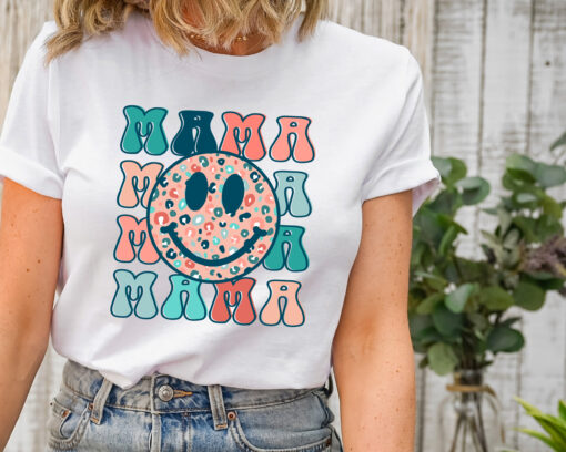 leopard mama shirt with retro smiley face for new moms trendy mothers day gift cute mom life t shirt s7ei7
