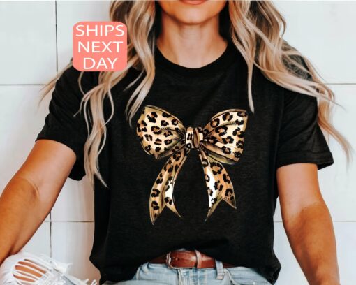 leopard print bow sweatshirt for women cute coquette aesthetic crewneck trendy fashion top casual wear