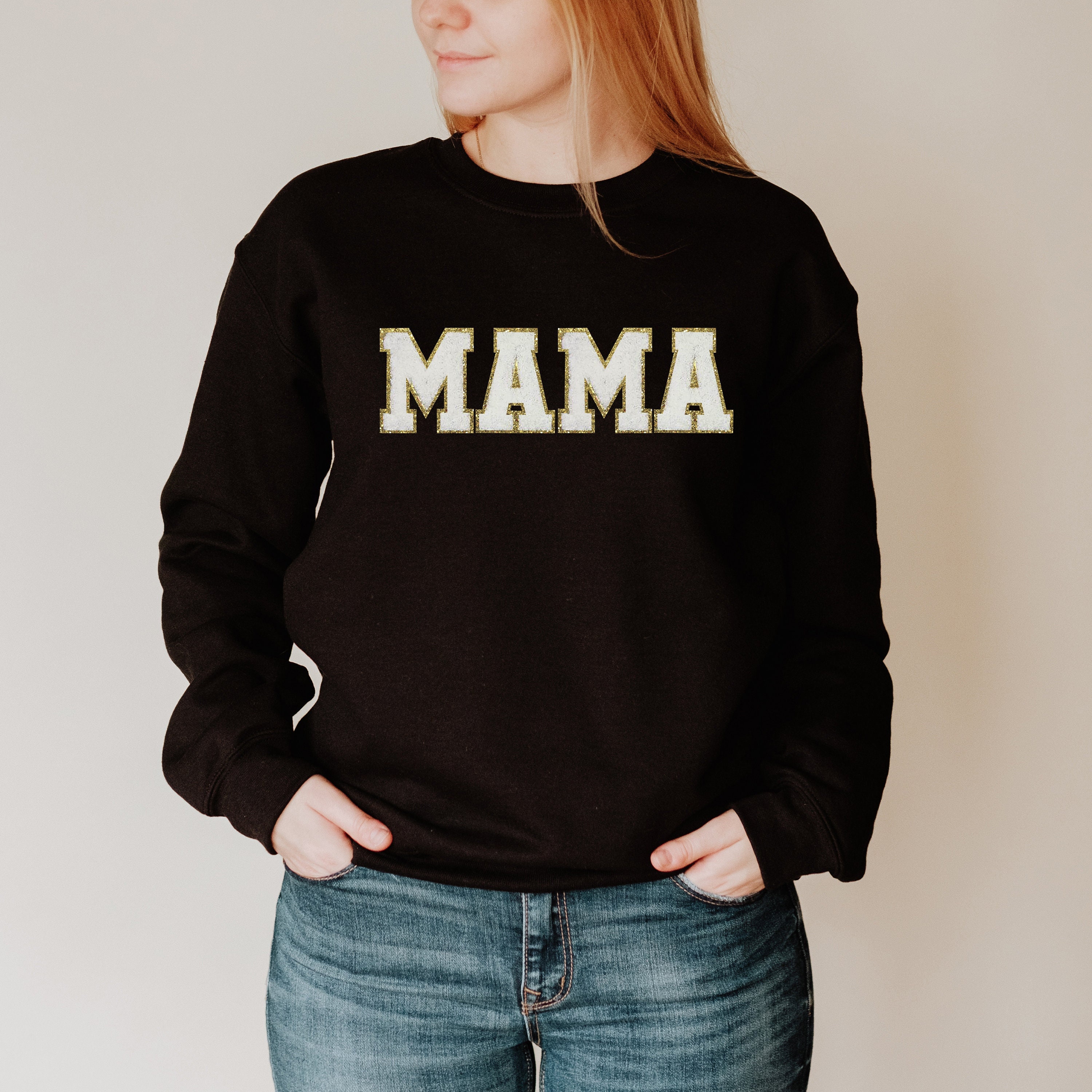 mama glitter sweatshirt with letter patch embroidery for new moms perfect for mothers day cute mom shirt khul1