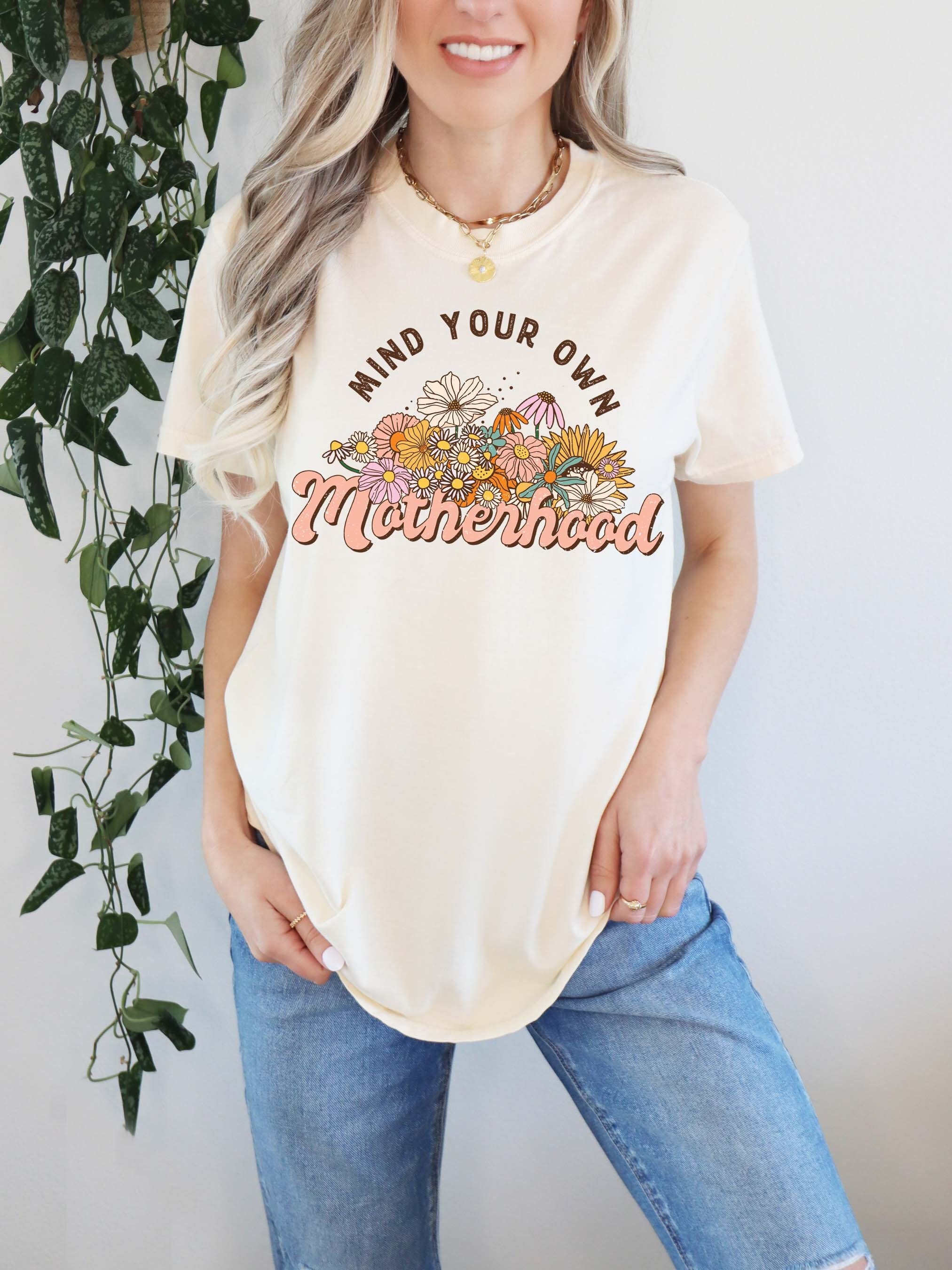 mind your own business motherhood shirt cute rainbow mom t shirt trendy boho style for moms comfort colors ouoak scaled