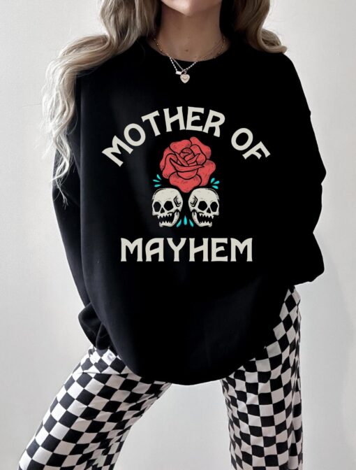 mother of mayhem graphic sweatshirt for women edgy mom life crewneck badass mama trendy mom shirt ba52z