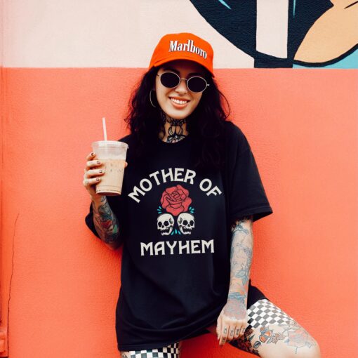 mother of mayhem graphic tee for women edgy mom shirt y2k grunge style funny mom life t shirt for badass moms 1pt01
