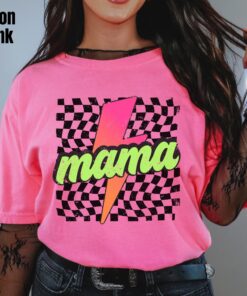 neon mama shirt retro checkered tee with lightning bolt design cute mom life t shirt ideal for mothers day gifts 3pfv0