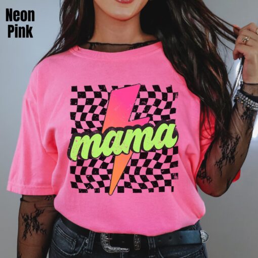 neon mama shirt retro checkered tee with lightning bolt design cute mom life t shirt ideal for mothers day gifts 3pfv0