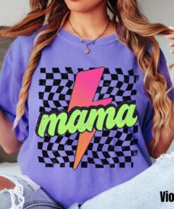 neon mama shirt retro checkered tee with lightning bolt design cute mom life t shirt ideal for mothers day gifts didjz