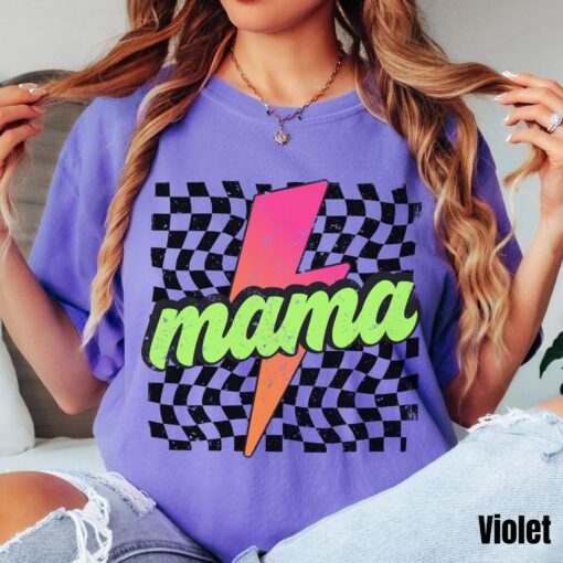 neon mama shirt retro checkered tee with lightning bolt design cute mom life t shirt ideal for mothers day gifts didjz