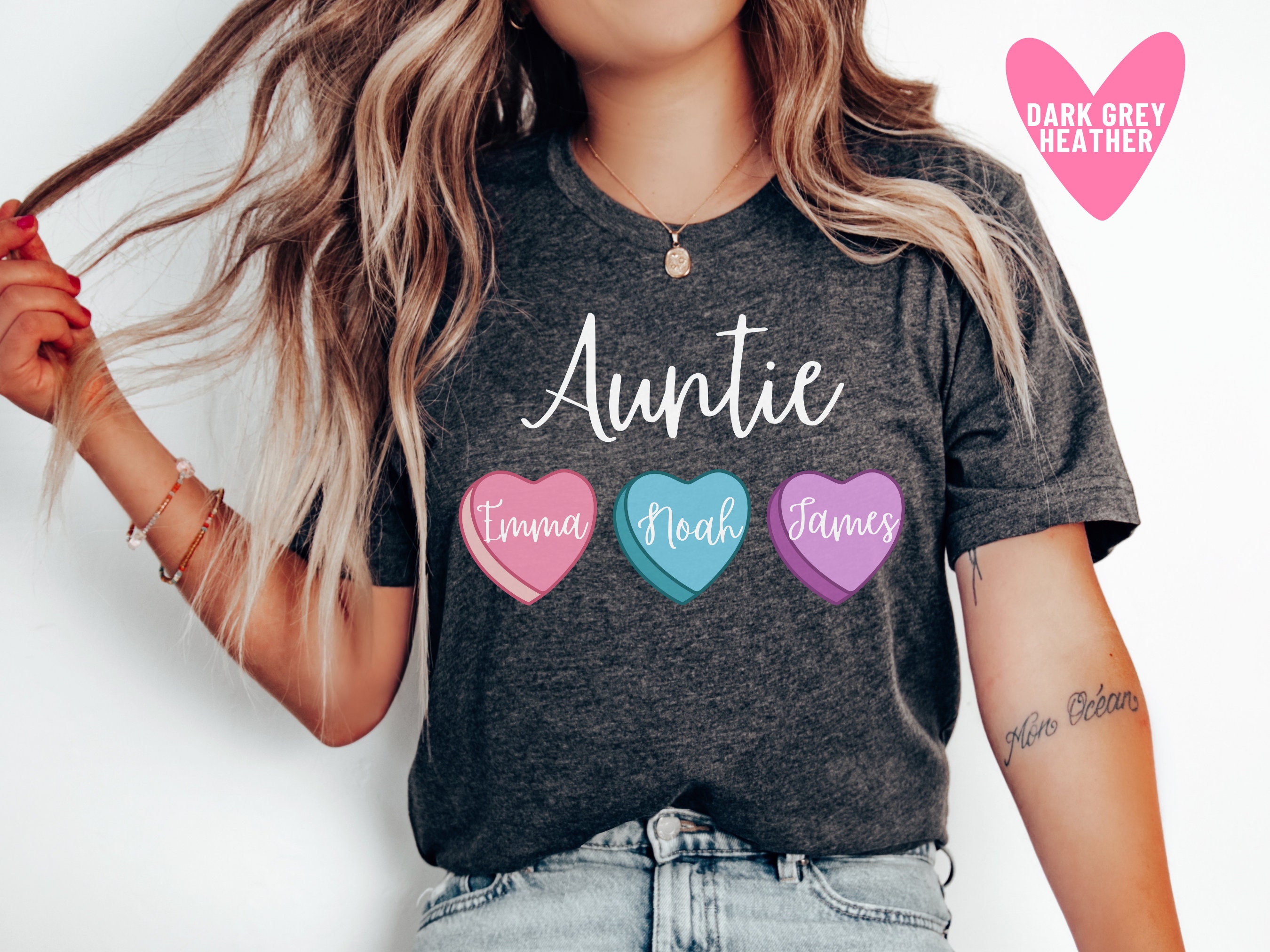 personalized aunt shirt with kids names heart candy design for valentines day trendy pink sweatshirt for auntie n0wwy scaled