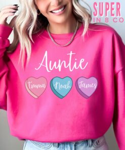 personalized aunt sweatshirt with heart candy and niece nephew names trendy pink valentines day sweater for auntie lphyl