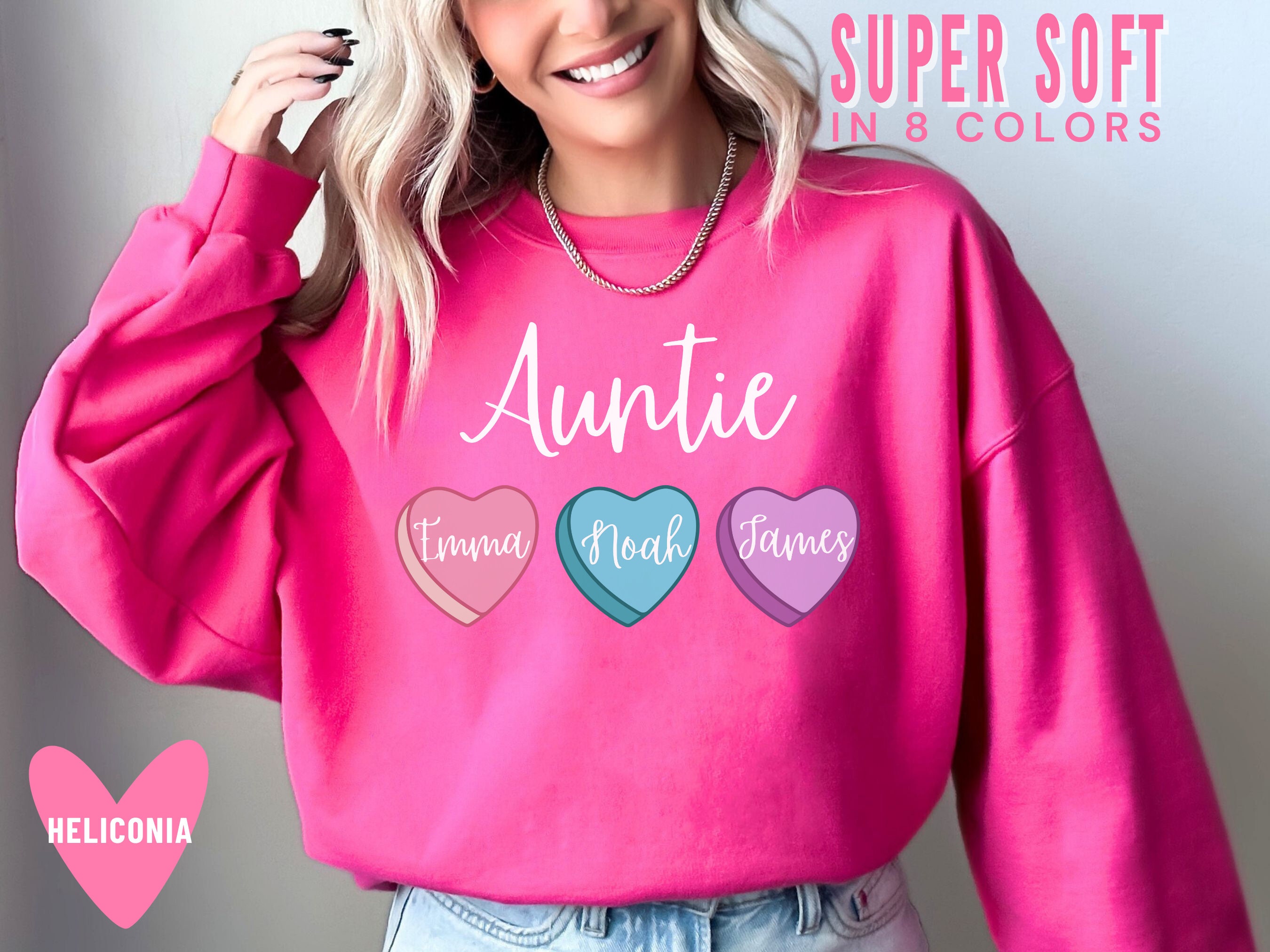 personalized aunt sweatshirt with heart candy and niece nephew names trendy pink valentines day sweater for auntie lphyl scaled